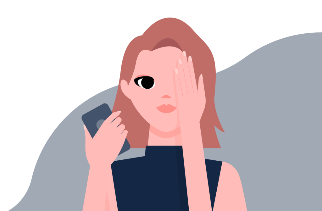 slide_1 woman hiding her left eye and holding a mobile device